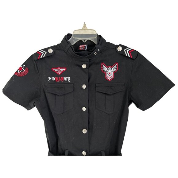 Raw Blue Womens Black Military-Inspired Shirt Dress With Red Embroidery Button F - Picture 9 of 9